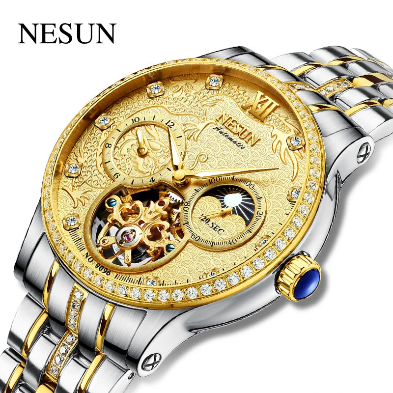 Switzerland Luxury Brand Nesun Official Men Skeleton Automatic Casual Wristwatch