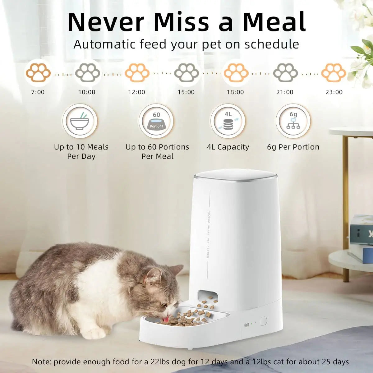 ROJECO Automatic Cat Feeder Pet Smart WiFi Cat Food Kibble Dispenser