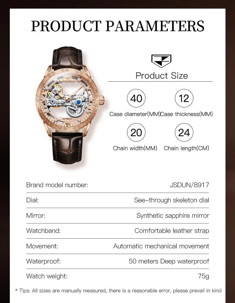 JSDUN Men Mechanical Watch Automatic Movement