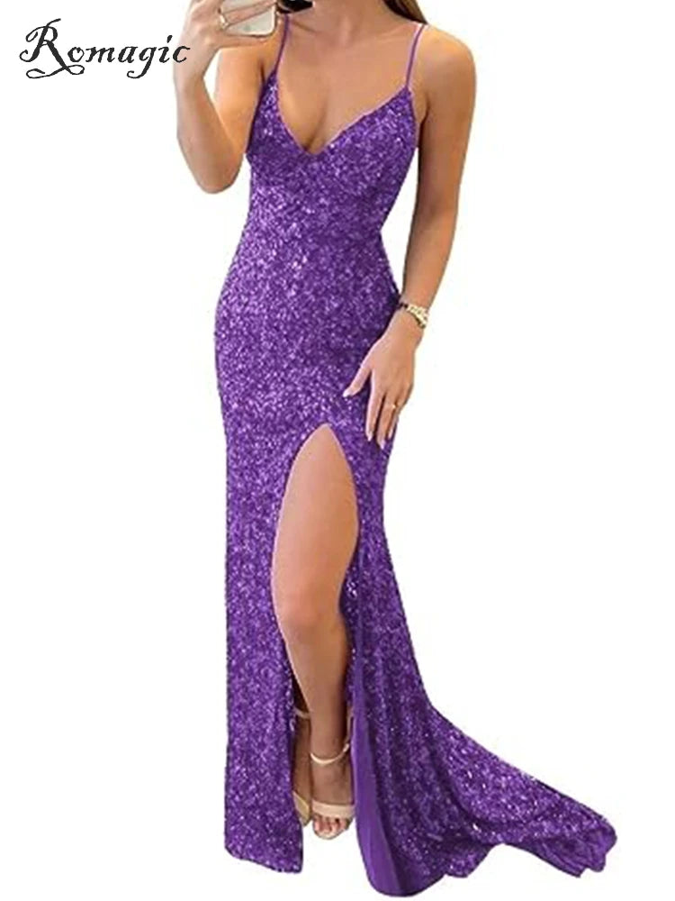 New Royal Blue Sequin Backless Slip Mermaid Long Party Dresses